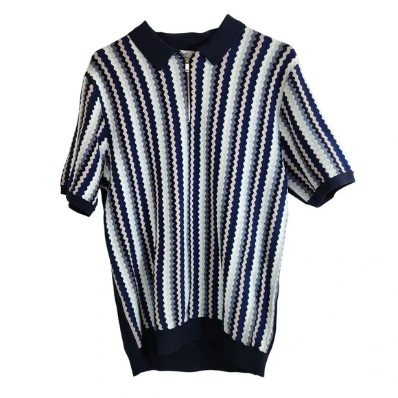 REISS Mens Blanco 1/2 Zip Knit Polo Shirt Blue Geo Print Zig Zag Top Size Large - Picture 2 of 7